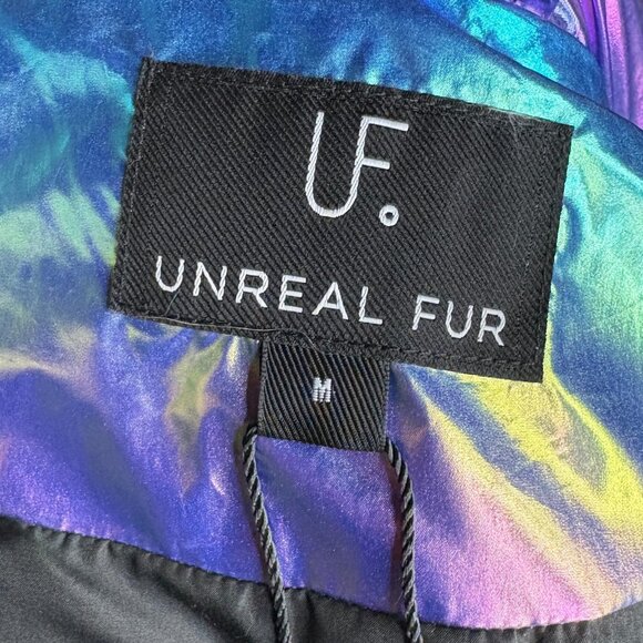 Unreal Fur Holographic FRACTALS Iridescent Puffer Jacket Metallic Cropped M NWT - Picture 10 of 12
